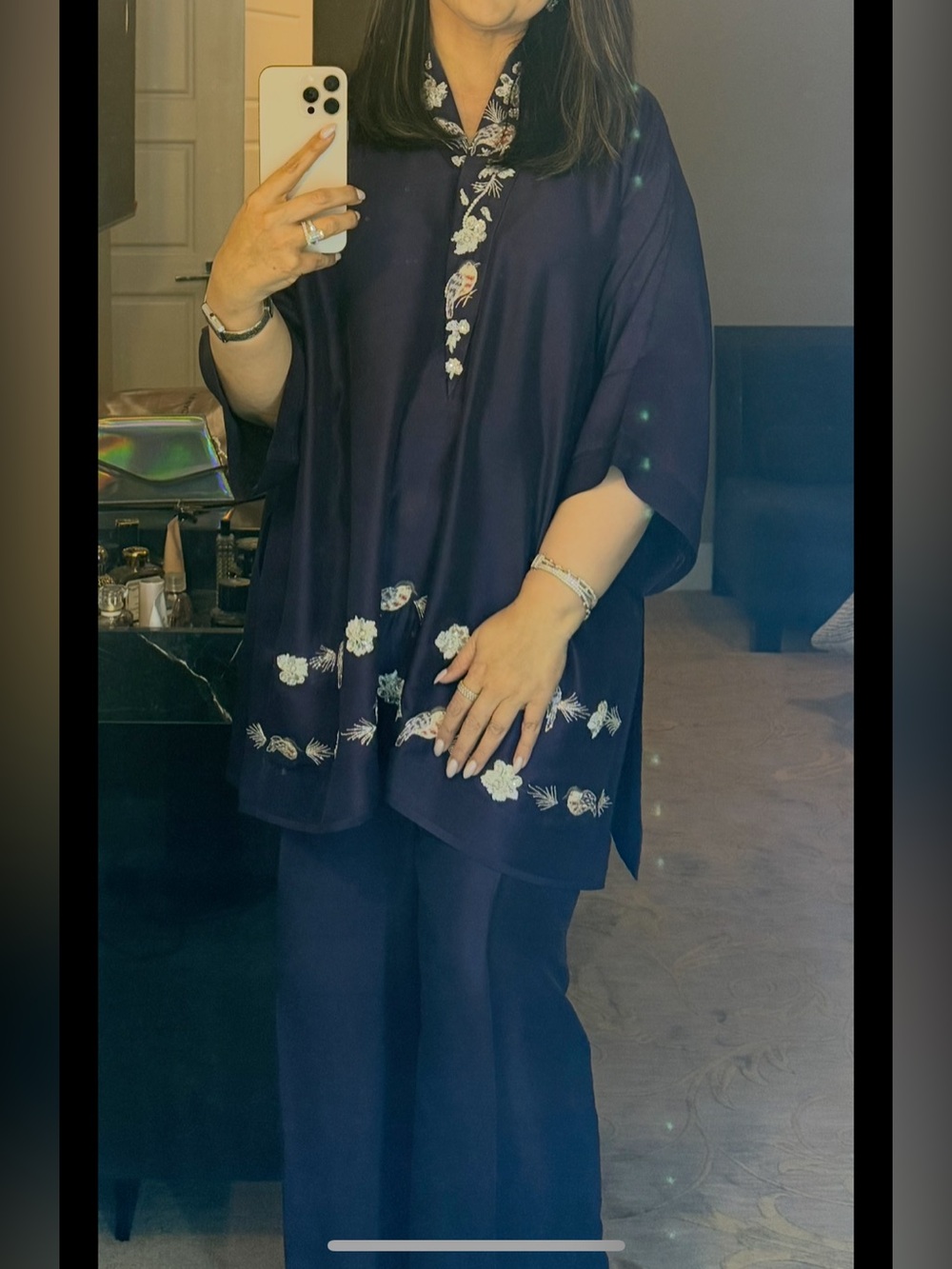 Navy Long-Sleeve Embroidered Tunic Dress